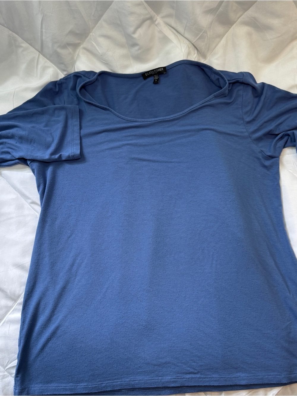 Eileen Fisher F19 Viscose Spandex Jersey Scoop Neck 3/4 Sleeve Top Blue PL